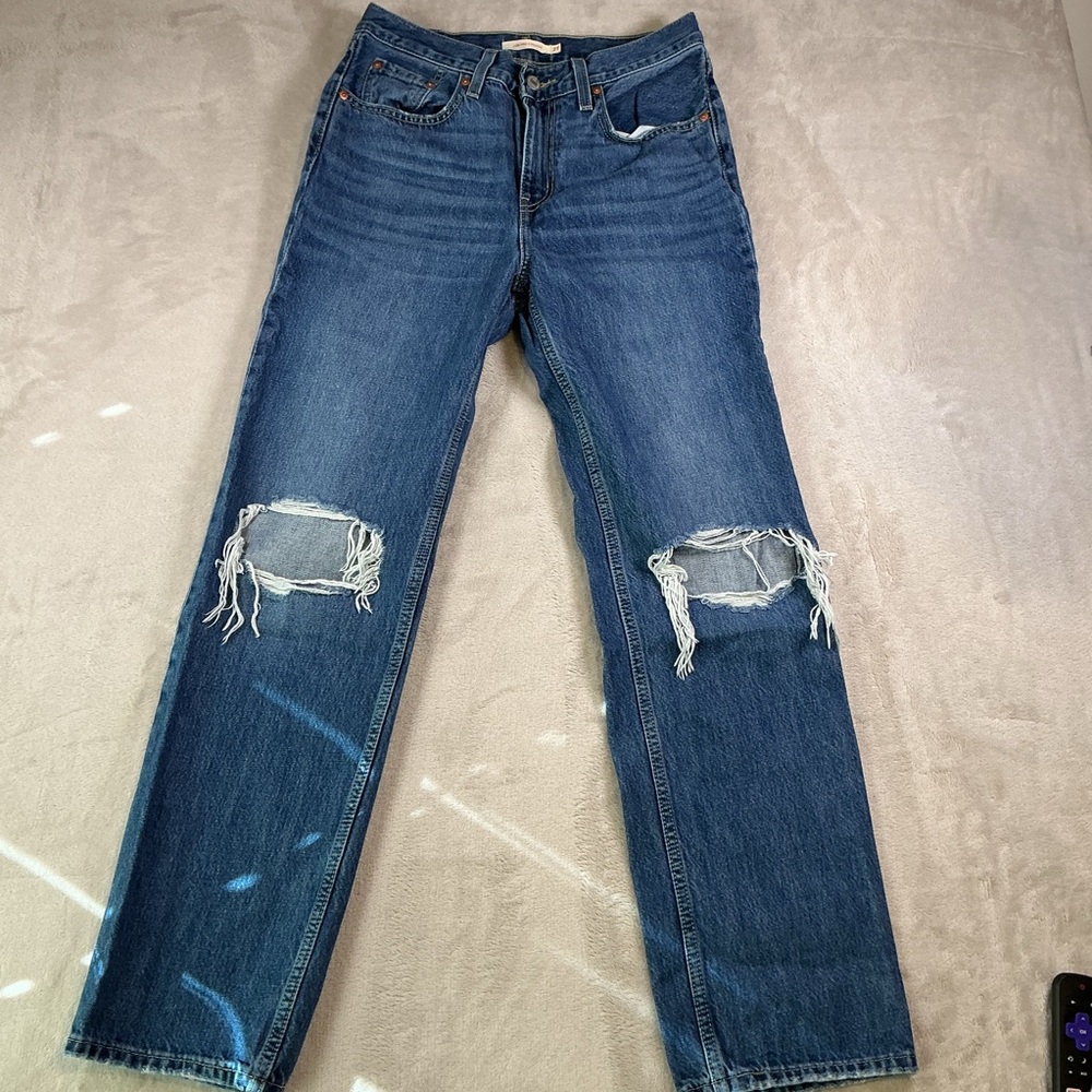 Levis Low Pro Straight Jeans Womens w27 Blue Medium Wash Distressed Mid Rise
